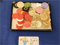 OVER 40 VINTAGE WOODEN AND PLASTIC TOKENS