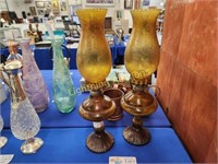 TWO VINTAGE AMBER GLASS OIL LAMPS