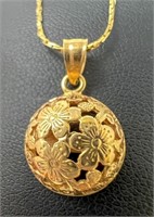 14k Carved Flower Pendant with 14" Chain, 2.77g