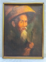 Signed Original Painting of Asian Man with Hat,