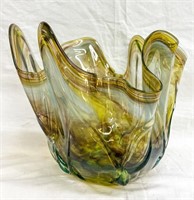 Large Swirly Art Glass Bowl Green-Yellow