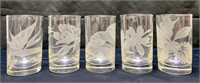 Set of 5 Hawaiian Floral Etched Glasses 4" tall