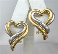 18k Yellow and White Gold Heart Earrings, 8.23g
