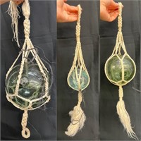 3 Glass Floats with Cord, 26", 15.5", 10.5"