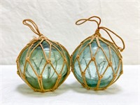 2 Blue/Green Glass Floats with Rope, 10"
