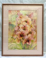 Large Signed Framed Floral Watercolor, 37"x29.5"