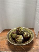 Drip glazed pottery bowl with 5 carpet balls