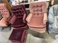 2 vintage chairs and foot stool