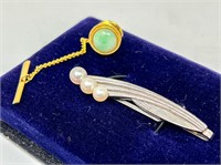 14k Jade Tie Pin (1.13g) & K. Mikimoto Tokyo