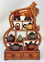 Small Wooden Curio Shelf with Mini Tea Pots
