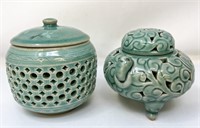 2 Small Celadon Jars, Japanese Stamped