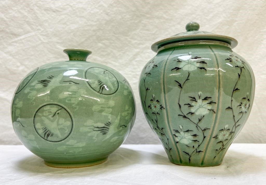 Celadon Pottery, Vase and Jar with Lid