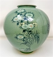Green Celadon Vase with Floral Pattern, 11" Height