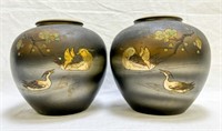 2 Japan Metal Asian Vases with Ducks on Water and