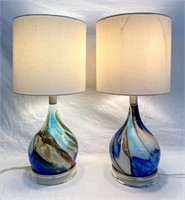 Matching Set of Art Glass Lamps Blue/Gold, 20"