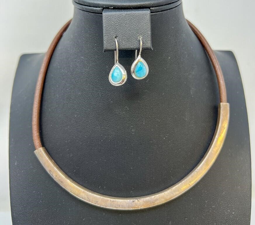 925 Leather Necklace 36g & Larimar Silver Earrings