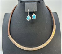 925 Leather Necklace 36g & Larimar Silver Earrings