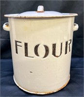 Vintage Enameled Metal Flour Container, 8"x9"
