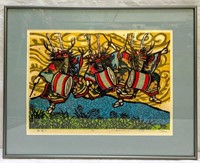 Signed Woodblock print of Costumed Drummers