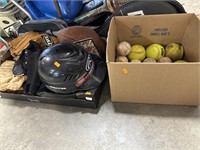 Soft balls, gloves, helmet, and rackets