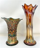 2 Iridescent Art Glass Vases, 10" Height/ 7"