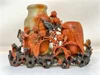 Carved Soapstone Monkey and Bird Decorative Vase