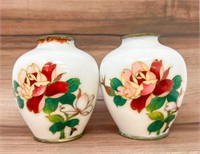 2 White Japanese Cloissone Vases with Roses, 4"