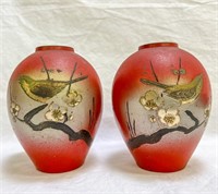 2 Metal Red Vases of Bird on Cherry Blossom