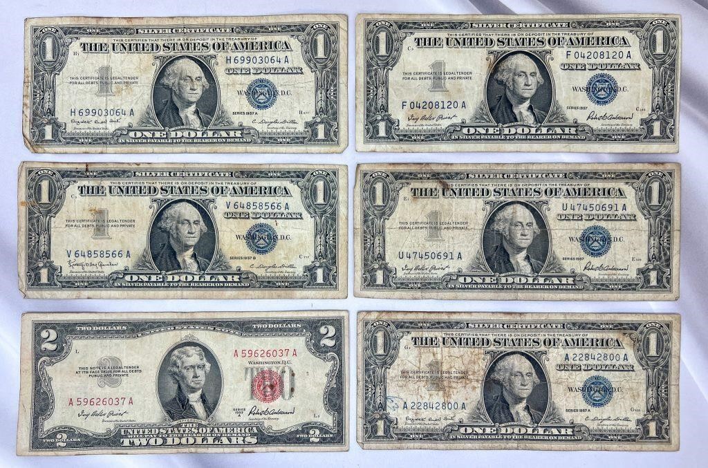 Paper Currency, 5 1957 $1 & 1 1953 $2