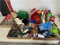 Cleaning supplies, mugs, plastic ware, misc