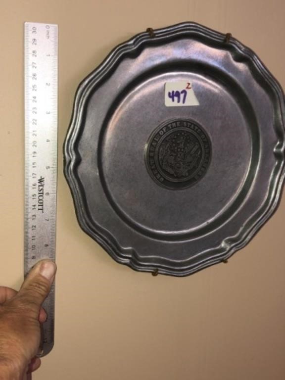 2 Pewter Decorator Plates & Metal Plate Rack
