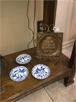 Family Plaque ~ Easel + 3 Blue Oriental  Plates