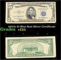 1953A $5 Blue Seal Silver Certificate Grades vf+