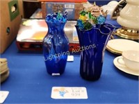 TWO BLUE GLASS VASES AND 23 GLASS STIR STICKS