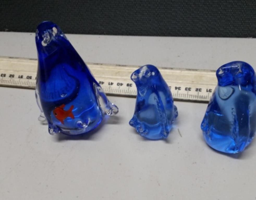 3 Art Glass Penguin Paperweights
