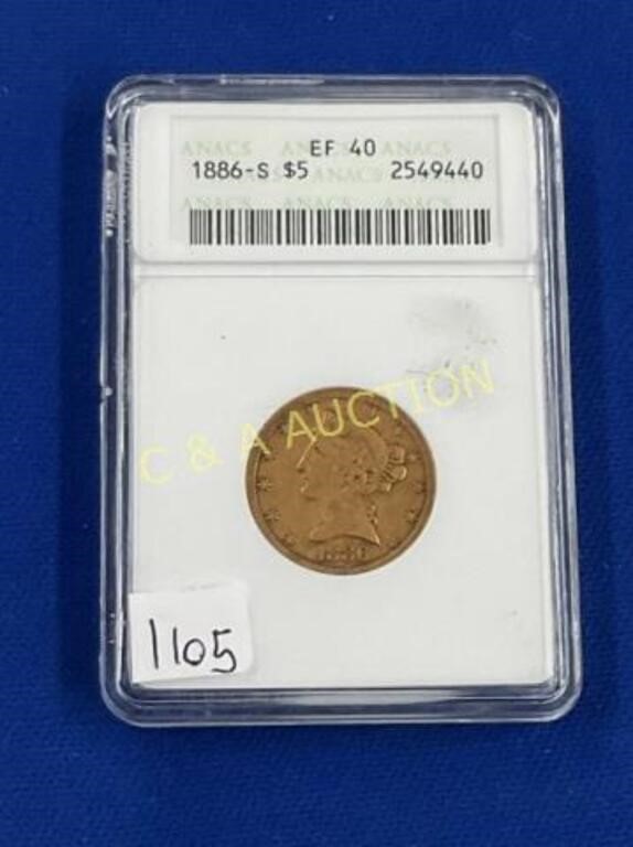 1886 S EF40 GOLD $5 COIN