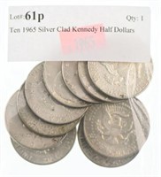 Ten 1965 Silver Clad Kennedy Half Dollars