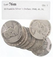 10 Franklin Silver ½ Dollars: 1948, 49, 50,