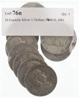 10 Franklin Silver ½ Dollars:1948-D, 49D, 50D