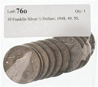 10 Franklin Silver ½ Dollars: 1948, 49, 50,