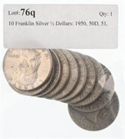10 Franklin Silver ½ Dollars: 1950, 50D, 51,