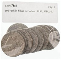 10 Franklin Silver ½ Dollars: 1950, 50D, 51,