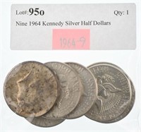 Nine 1964 Kennedy Silver Half Dollars