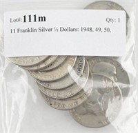 11 Franklin Silver ½ Dollars: 1948, 49, 50,