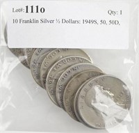 10 Franklin Silver ½ Dollars: 1949S, 50, 50D,