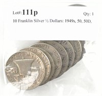 10 Franklin Silver ½ Dollars: 1949s, 50, 50D,