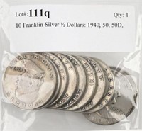 10 Franklin Silver ½ Dollars: 1949, 50, 50D,