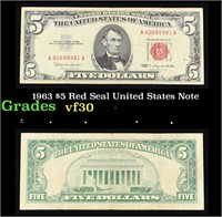 1963 $5 Red Seal United States Note Grades vf++