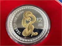 2013 1 TROY OZ YR OF THE SNAKE W/ GOLD PLATING