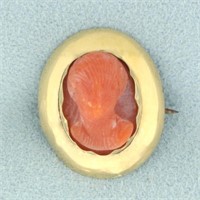 Antique Red Coral Cameo Pin Brooch in 14k Rose Gol